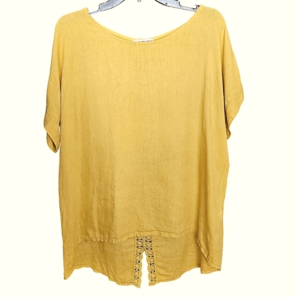 TERZO MILLENNIO Golden Linen w/Cotton Embroidered Split Back Lace Pullover Top - Picture 1 of 10